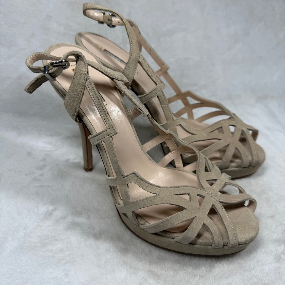 Giorgio Armani Beige Suede Cage Platform Sandals Stiletto Ankle Strap Italy 37